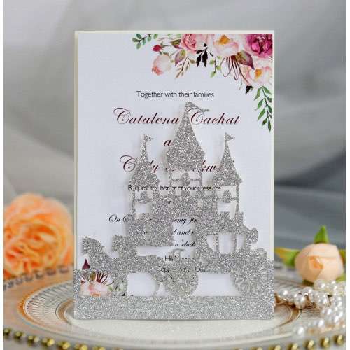 Wedding Card Design Laser Cut Castle And Carriage Invitation Glitter Card